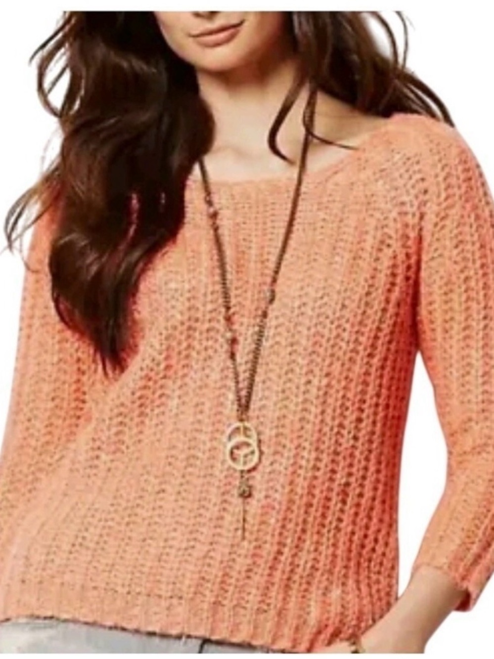 Anthro NWT Peach Open-Knit Crewneck Sweater sequin knitted knot perfect condit